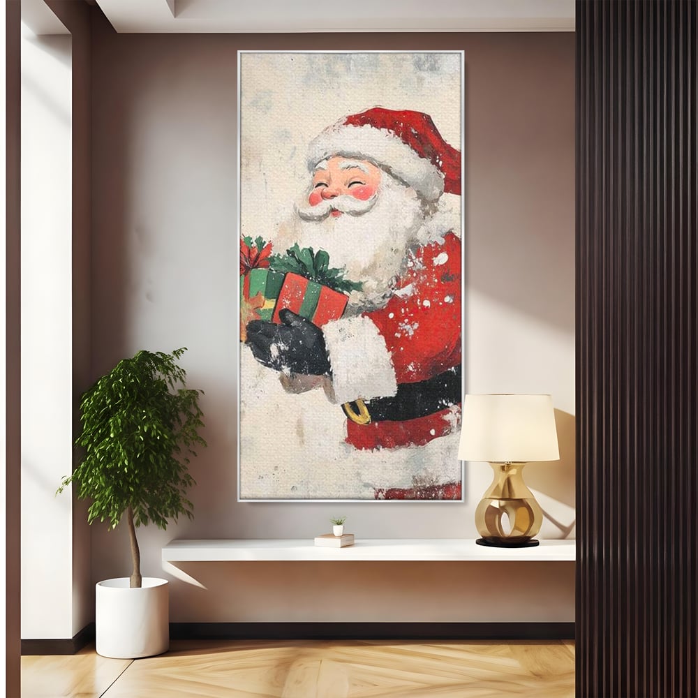 Tablou canvas cu ilustratie vintage cu mos craciun, in rama de aluminiu argintiu